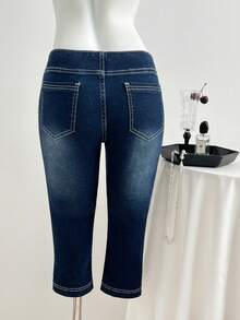 Elamini 休闲水洗低腰修身七分牛仔裤 - 深色水洗藍 - 查看 2