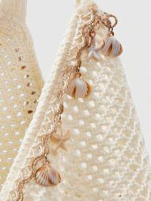 ROMWE Fairycore 1 Set Beige Woven Beach Tote Bag & Accessories, Fashionable Personalized Beach Resort Style Women Tote Bag (Includes 1 Bag And 1 Set Of Accessories) - Beige starfish flower edge - View 3