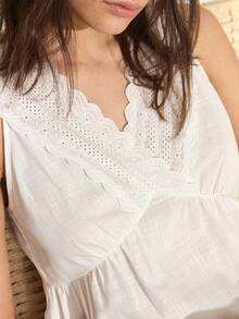 Ocili Women's Sleeveless Cotton Embroidered Floral Hem Long Nightgown Loungewear Dress - White - View 7