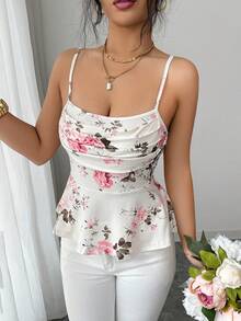 Top de tirantes con volantes y estampado de rosas, ideal para vacaciones de verano - Multicolor - Ver 4