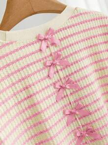 CosyJoli Plus Size Women's Casual Commuter Striped Print Bowknot Decor Short Sleeve T-Shirt, Summer - Pink - View 5