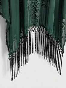 ROMWE EDITION Romantic Gothic Vintage Baroque Vine Moon Pattern Flocked Fabric Spring/Summer Bohemian Textured Asymmetrical Fringe Hem Women Cardigan Top Shawl - Green - View 2