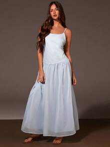 Athîral 女士纯色褶皱优雅连衣裙 - 藍色 - 查看 1