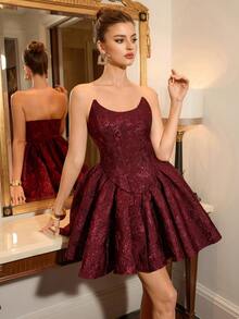 Poshira 花卉提花荷叶边下摆奢华舞会礼服（装饰繁复） - 酒紅色 - 查看 1