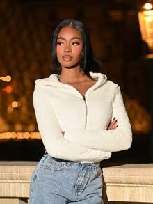 Mima John Women's New Autumn And Winter Solid Color Long-Sleeved Short Casual Hooded Plush Jacket - White - View 6