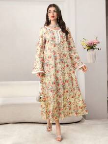 Yasmyna Women's Spring/Summer Woven Digital Print Floral Lace Trim Elegant Arabic Dress - Multicolor - View 4