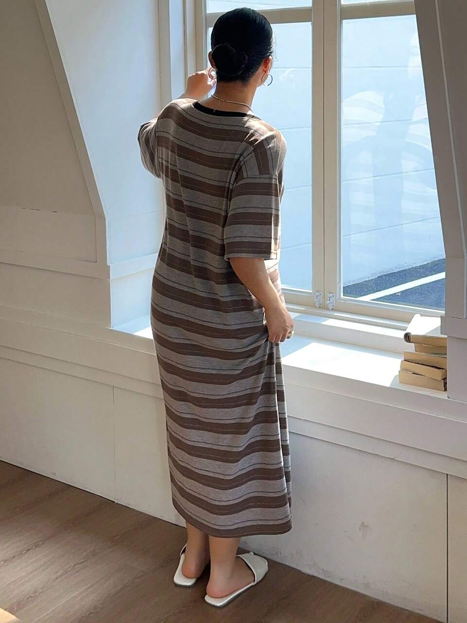 Dazy Plus Plus Size Women's Letter & Striped Pattern Round Neck Short Sleeve Casual Nightgown