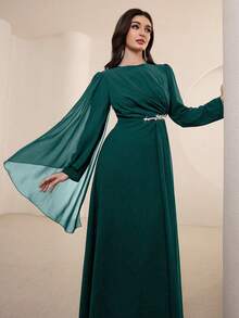 Graceveil Đầm lưới xếp ly cổ tròn tay dài màu trơn thanh lịch cho nữ - màu xanh lá - Xem 5