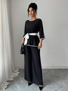 SHEIN Elenzya طقم ملابس علوية وبنطلون واسع الساق للنساء، أنيق للاستخدام اليومي والعطلات، مع تفاصيل خطوط ملونة وحزام، مناسب للربيع والخريف - الأسود - مشاهدة 6