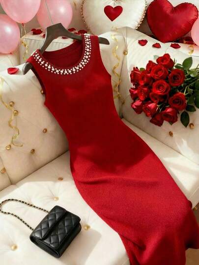 SHEIN Franclia This Elegant, Mature, Fashionable, And Versatile Red Knit Dress Is Perfect For Valentine's Day. It's A Long, Sleeveless, Fitted, Bodycon Knit Dress With Multi-Layered Pearl Embellishments At The Neckline. Suitable For Spring And Summer Wear, It's Ideal For Banquets, Elegant Women's Gowns, Wedding Guest Dresses, Wedding Party Dresses, Red Dresses, Valentine's Day Dresses, Women's Valentine's Day Attire, Elegant Party Dresses, Birthday Dresses, New Year's Themed Dresses, Women's Valentine's Day Outfits, Spring Dresses, And Vacation Dresses.