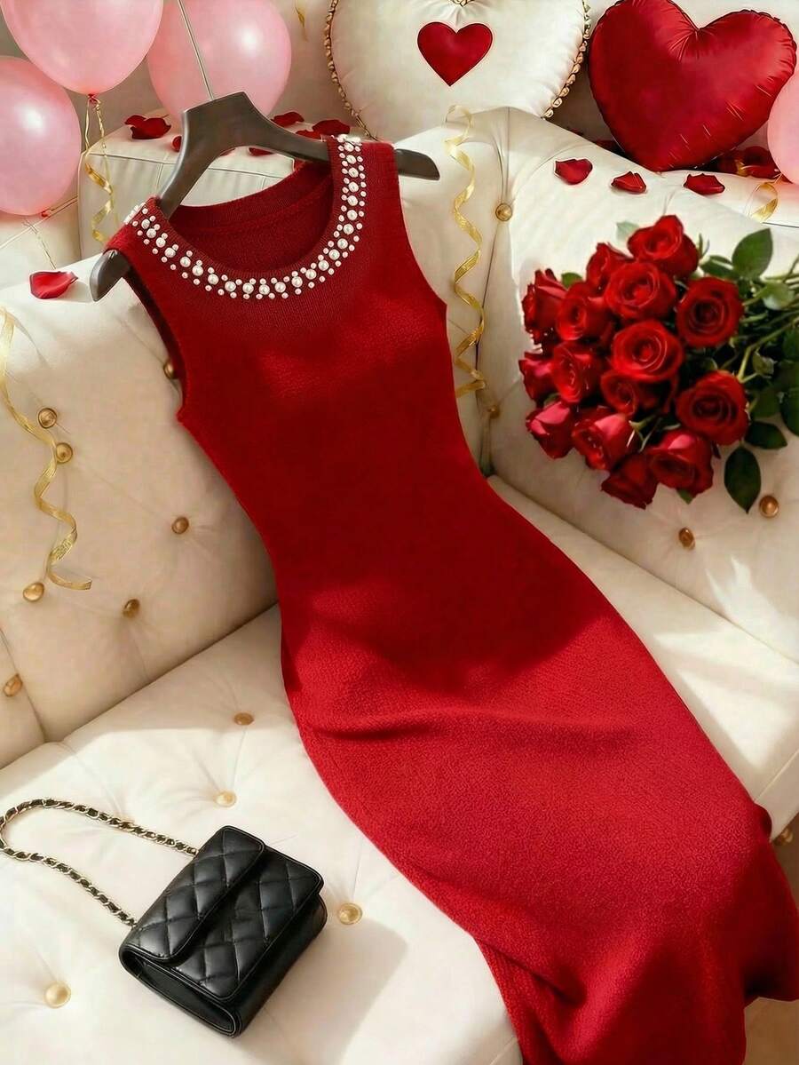 SHEIN LUNE 早春新款优雅时尚百搭复古红色圆领珍珠装饰修身长款针织连衣裙,女士款 - 紅色 - 查看 1