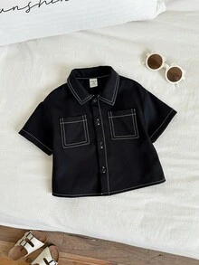 SHEIN 男婴休闲可爱街头时尚百搭黑色字母印花短袖衬衫，夏季 - 彩色 - 查看 4