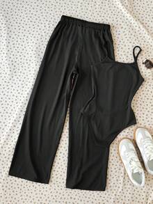 SHEIN Conjunto de 2 piezas de body acanalado negro y pantalón de chándal de estilo vintage casual con bordado de Nueva York para niña preadolescente - Negro - Ver 2