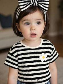 Cozy Pixies Baby Girl Floral Print Soft Knit Crew Neck Short Sleeve Pullover Top Cute Tops Baby Tops Summer Tops Striped Shirt Daisy Baby Girl Clothes Cute Tops Baby Girl Clothes Black Baby T Shirts Girls - Multicolor - View 1