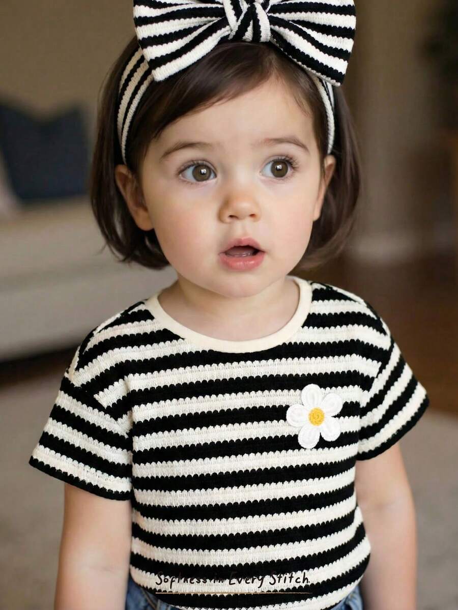 Cozy Pixies Baby Girl Floral Print Soft Knit Crew Neck Short Sleeve Pullover Top Cute Tops Baby Tops Summer Tops Striped Shirt Daisy Baby Girl Clothes Cute Tops Baby Girl Clothes Black Baby T Shirts Girls - Multicolor - View 1