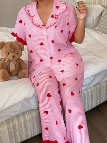 Dream Adore Plus Size Women Bubble Textured Striped Heart Print Ruffle Collar Open Front Sleepwear Set - Multicolor - View 5