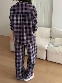 DAZY Bộ đồ ngủ kẻ caro 2 món dành cho nữ, kiểu áo sơ mi rộng rãi, thích hợp cho mùa thu/đông và dịp Giáng sinh. - Màu tím - Xem 2