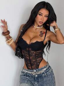 Coolane Women's Summer Festival Club Outfits Sexy Y2K Music Festival Lace Black Slim Fit Bodysuit