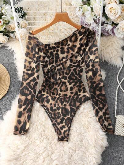 GlowEve CURVE Plus Size Women Leopard Print Mesh Shoulder Cut-Out Long Sleeve Bodysuit