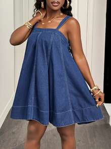 Slaydiva Women's Casual Vacation Flowy Hem Denim Cami Dress, Suitable For Daily Commute - Blue - View 3