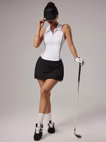 CourtClass Women's Contrast Piping Half-Zip Sleeveless Golf Tank Top - White - View 6