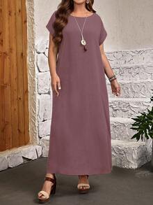 EMERY ROSE Plus Size Casual Solid Color Round Neck Short Sleeve Dress For Summer/ Vacation, Summer Dresses - Purple - View 4