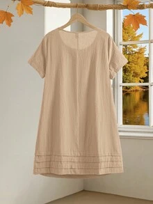 EMERY ROSE 大码纯色短袖休闲度假连衣裙，女士夏季服装/夏季，热带度假女装短袖连衣裙，女士休闲连衣裙，米色连衣裙 - 卡其色 - 查看 9