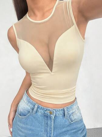 Rafferiza Fashionable Sexy Slimming S-Shape Sheer V-Neck Black Mesh Patchwork Women's Camisole, Spring/Summerss See Through Top Sexy Tops For Club Transparent Top Women Sexy Tops