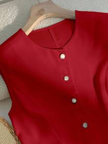 Franclia 时尚无袖单排扣收腰假口袋女式衬衫，百搭日常穿搭，红色女式背心，红色衬衫，红色马甲，女士红色背心 - 紅色 - 查看 4