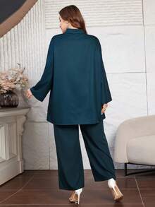 Lacomfia Plus Size Women's Floral Print Roll Tab Sleeve Loose Blouse And Wide Leg Pants Set, Casual Resort Style, Spring/Autumn - Dark Green - View 2
