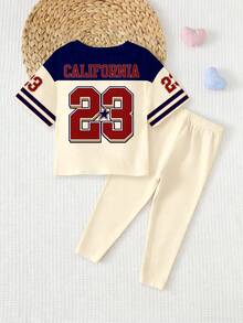 SHEIN 女婴字母数字印花圆领短袖T恤和打底裤休闲套装，适合春夏运动、休闲、上学、街头、派对、日常、度假等场合。 - 彩色 - 查看 3