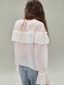 SoleilVie 女士雪纺荷叶边下摆衬衫，节日衬衫，白色衬衫 - 米色 - 查看 2