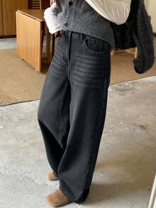 DAZY Quần jeans ống đứng lót giữ nhiệt dành cho nữ, quần jeans ống rộng dáng ôm cạp cao kiểu vintage, thích hợp cho mùa Thu/Đông. - màu đen - Xem 3