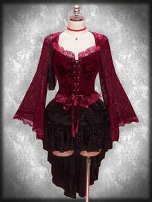 SHEIN ICON 女士加大码复古性感优雅情人节上衣：时尚、个性、现代都市哥特风红玫瑰植绒天鹅绒拼接蕾丝边心形领喇叭袖系带上衣 - 紅色 - 查看 10