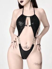 ROMWE Grunge Punk 哥特朋克亮片露背吊带连体衣 - 黑色 - 查看 6