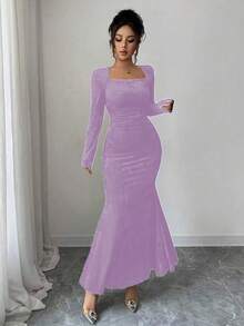 Elenzga Đầm ôm sát cổ cao bằng nhung màu vàng ánh kim dành cho nữ mùa Thu/Đông, đầm midi dáng đuôi cá xếp ly eo thanh lịch, thích hợp cho công sở và các dịp trang trọng. - Màu tím hoa cà - Xem 7