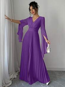 Elenzga V-Neck Pleated Open Sleeve Elegant Romantic Women Dress Maxi Women Outfit - Purple - View 5