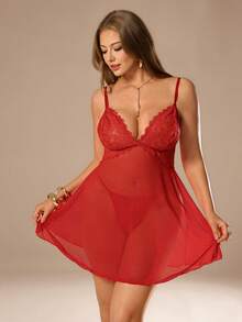 Auralis 两件套：加大码蕾丝和网眼拼接露肩性感连衣裙 + 丁字裤 - 紅色 - 查看 4