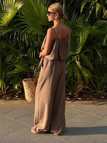 Livesso 春夏时尚棕色吊带背心搭配宽松直筒裤套装，休闲度假海滩优雅办公两件套女装 - 駝色 - 查看 6