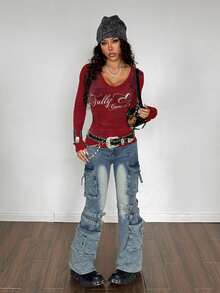 StreetHx Áo lót nữ màu đen cổ chữ V ôm sát, họa tiết Gothic bạc, phong cách Punk Rock, Halloween, thường ngày, đường phố, kiểu Y2K. - Màu Đỏ Sâu - Xem 6