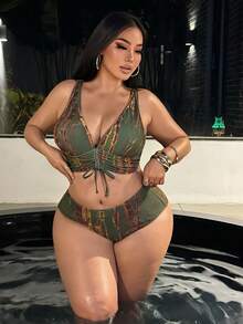 Swim SXY Conjunto de bikini con estampado de teñido anudado 2026, adecuado para vacaciones en la playa, talla grande - Multicolor - Ver 3