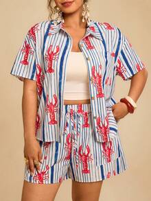 Travachic Bộ đồ thể thao 2 mảnh dành cho nữ cỡ lớn, họa tiết sọc, cổ ve áo, in hình tôm hùm, gồm áo ngắn tay cài cúc và quần short, thích hợp cho kỳ nghỉ. - Xanh và trắng - Xem 1