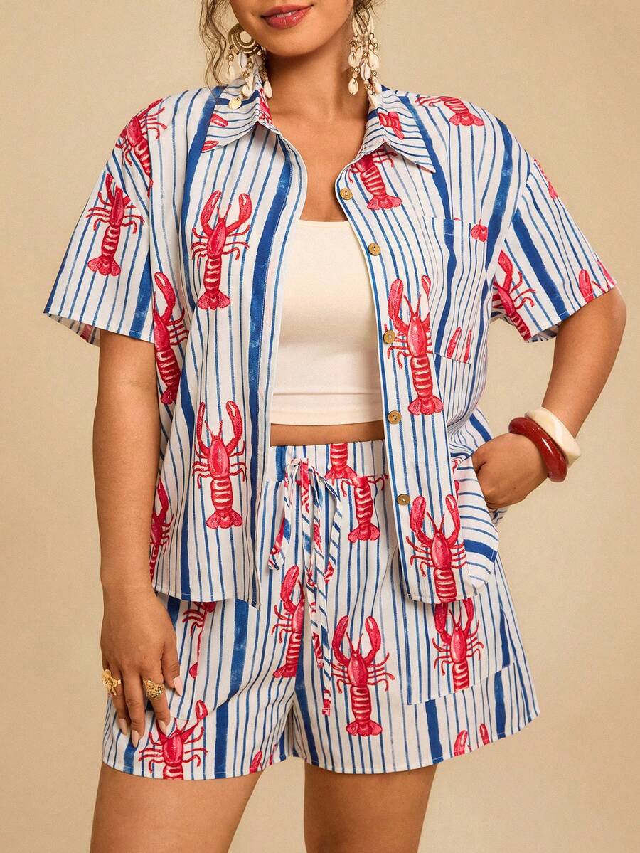Travachic Bộ đồ thể thao 2 mảnh dành cho nữ cỡ lớn, họa tiết sọc, cổ ve áo, in hình tôm hùm, gồm áo ngắn tay cài cúc và quần short, thích hợp cho kỳ nghỉ. - Xanh và trắng - Xem 1