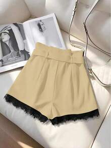 GlowEve Women's Contrast Color Contrast Lace Pleated Pocket Fashion Shorts - Light Yellow - View 2