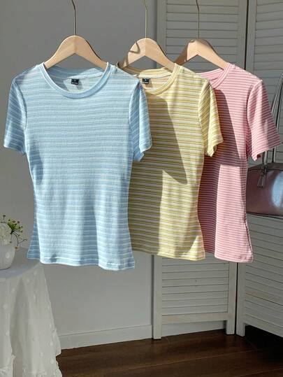 CovetEZ Camiseta ajustada de manga corta y cuello redondo a rayas casual de verano para mujer