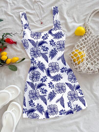 Soleia U-Neck Backless Women's Chinoiserie Floral Print Bohemian Style Mini Dress, Elegant For Summer Vacation, Outdoor, Beach, Wedding, Party, Birthday Chic