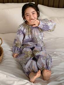 DAZY Young Girl Round Neck Ruffle Rabbit & Floral Print Lantern Sleeve Top And Wide Leg Drawstring Pants Casual Loungewear Pajama Set Spring - Purple - View 5