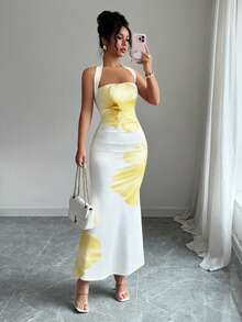 Elenzga Đầm nữ dài ngang gối dáng ôm in họa tiết, cổ yếm, thắt eo, kiểu dáng mùa hè 2025. - Vàng nhạt - Xem 5