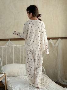 DAZY 少女卡通熊印花长袖睡袍、吊带背心和裤子睡衣套装 春季 - 杏色 - 查看 7