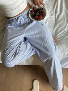CovetEZ 女士条纹印花打结休闲宽松裤 - 藍色 - 查看 7
